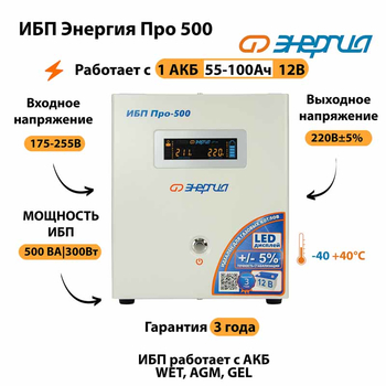 Энергия ИБП Про 500 12В - ИБП и АКБ - ИБП для котлов - . Магазин оборудования для автономного и резервного электропитания Ekosolar.ru в Домодедово