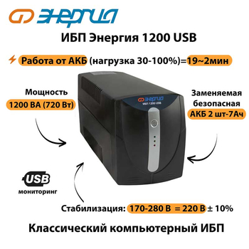 Энергия ИБП 1200 USB - ИБП и АКБ - ИБП для компьютера - . Магазин оборудования для автономного и резервного электропитания Ekosolar.ru в Домодедово