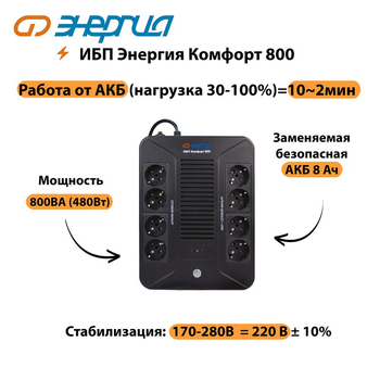 ИБП Комфорт 800 Энергия - ИБП и АКБ - ИБП для компьютера - . Магазин оборудования для автономного и резервного электропитания Ekosolar.ru в Домодедово