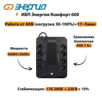 ИБП Комфорт 600 Энергия - ИБП и АКБ - ИБП для компьютера - . Магазин оборудования для автономного и резервного электропитания Ekosolar.ru в Домодедово