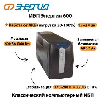 Энергия ИБП 600 - ИБП и АКБ - ИБП для компьютера - . Магазин оборудования для автономного и резервного электропитания Ekosolar.ru в Домодедово